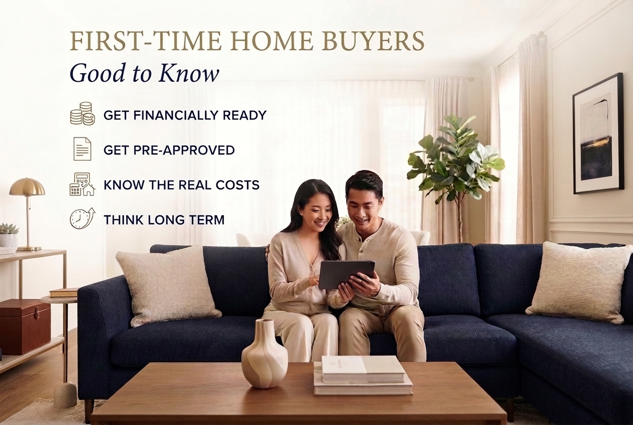 First-time home buyers: get financially ready, get pre-approved, know the real costs, think long term.